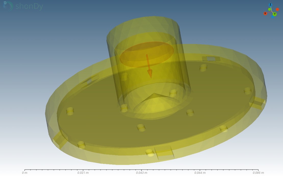 Ceiling spray inlet with rotating geometry for water distribution in the dishwasher simulation.